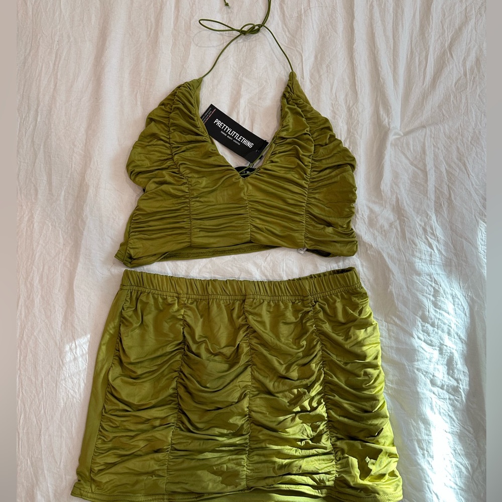 Olive Green Slinky Ruched Set